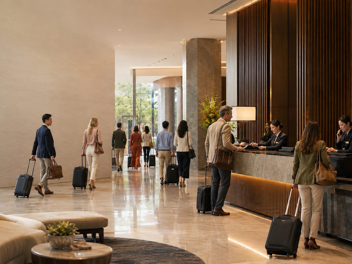 Guests checking in with front-desk staff in a hotel lobby
